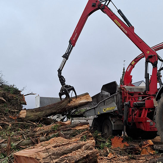 Grue soulevant un tronc pour le charger dans le broyeur